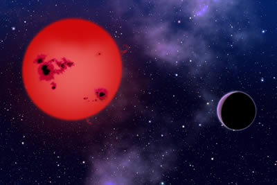 Bir gökbilim meraklısı ressam tarafından yapılan bu resimde kırmızı cüce çevresinde gezegen görülüyor. (David A. Aguilar, CfA)