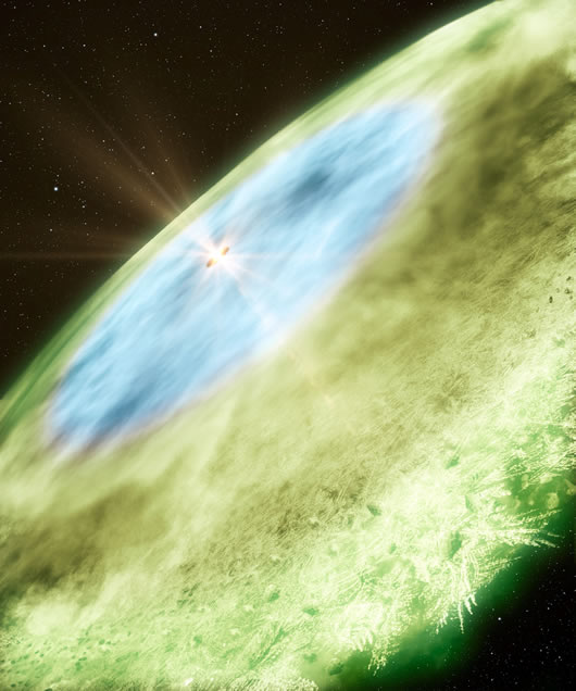 TW Hydrae yıldızının iç diskteki su buzu (4,5-30 astronomi birimi, mavi) ve bundan sonra görülen karbonmonoksit buzu (30 astronomikten sonra, yeşil) resmedilmiş. Mavi bölgeden sonra, yıldıdan uzaklaştıkça farklı maddelerin donma sıcaklıklarına göre değişik kar çizgileri ortaya çıkıyor. (B. Saxton & A. Angelich/NRAO/AUI/NSF/ALMA (ESO/NAOJ/NRAO))