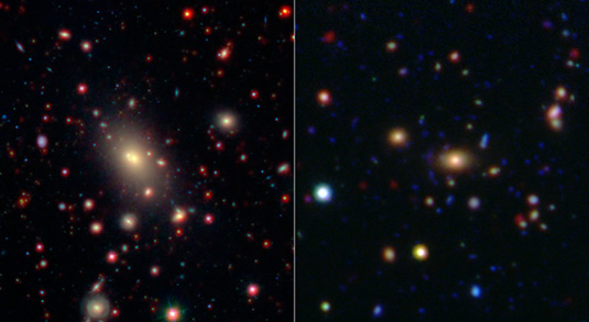 Bu görüntü WISE ile Spitzer Uzay Teleskopu'nun gözlemlediği iki gökada kümesini gösterir. Gökada kümeleri evrendeki en büyük yapılar arasındadır. Görüntülerin merkezlerinde görülenler en parlak gökada kümesi veya BCG adı verilen gruplara örnektir. (NASA/JPL-Caltech/SDSS/NOAO)