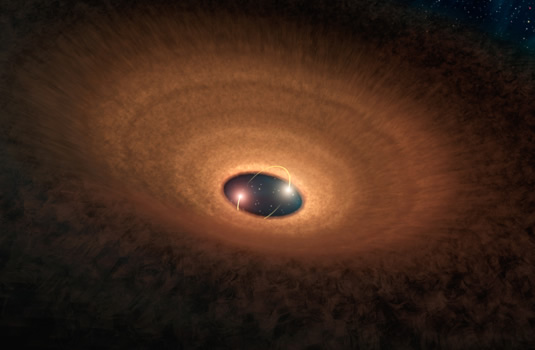 Ressam gözüyle birbiri çevresinde dolanan yıldızı saran dev madde diski. ( NASA/JPL-Caltech)