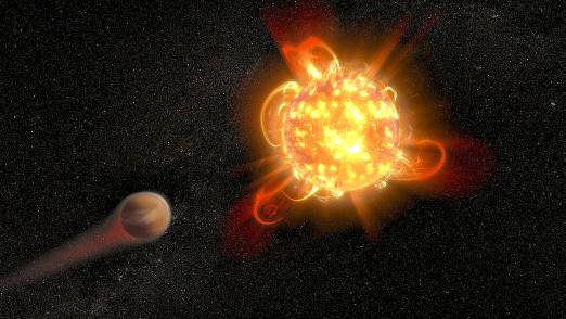 Kırmızı cüceler aktif yıldızlardır ve atmosferdeki kimyaları gereği muhtemelen yeni doğan gezegenlerin atmosferlerini etkileyecek kadar yüksek enerjili morötesi ışıma üretirler. ﻿(NASA, ESA and D. Player (STScI))